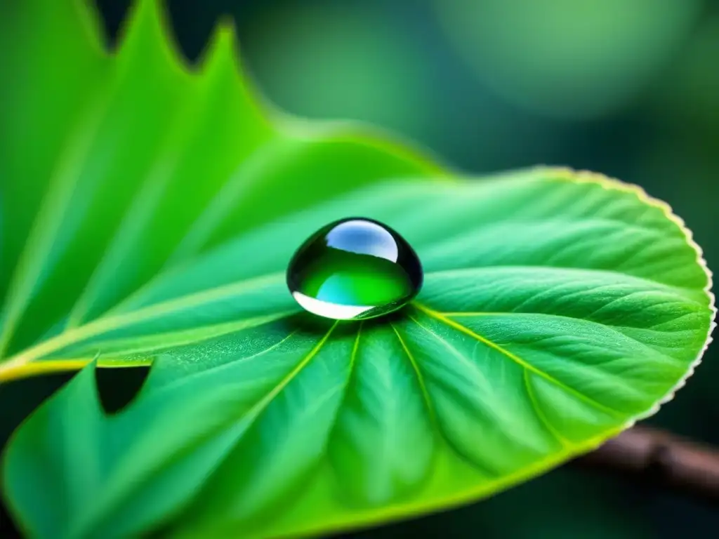 Gotas de agua pura sobre hoja verde, resaltando la belleza natural y la bioremediación de aguas residuales con microbios