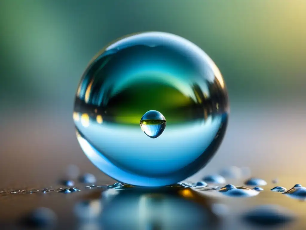 Gotas de agua en suspensión, reflejando su entorno con claridad y pureza