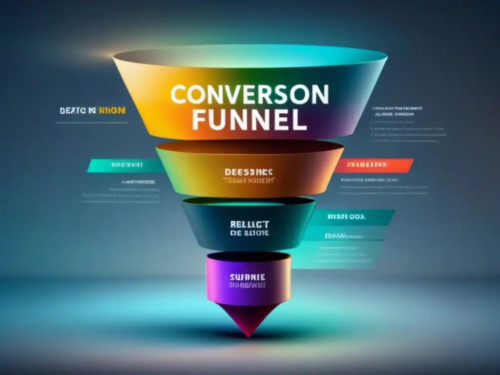 Gráfico minimalista de embudo de conversión con etapas y datos, ideal para publicidad en redes para industrias