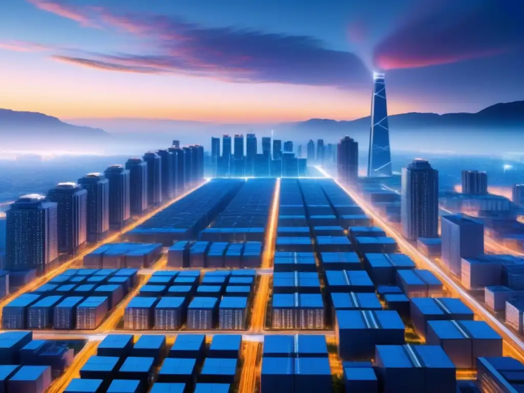 Implementación de microredes a gran escala en una ciudad futurista, ilustrando eficiencia e innovación en la red eléctrica