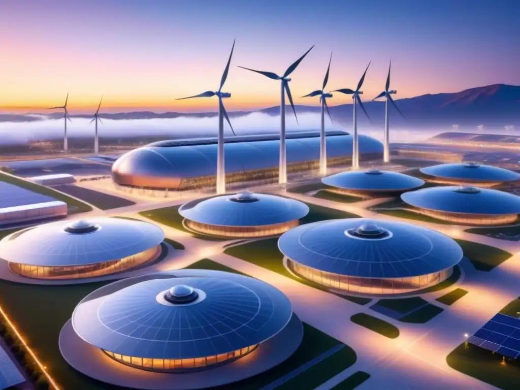 Implementación de microredes a gran escala en un complejo industrial futurista con energías renovables al atardecer