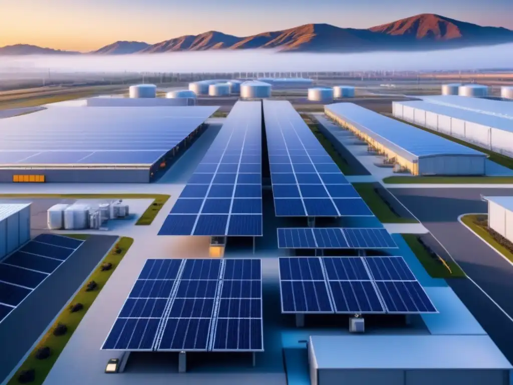 Implementación de microredes a gran escala en complejo industrial, con paneles solares, turbinas eólicas y almacenamiento de energía, bajo cielo azul