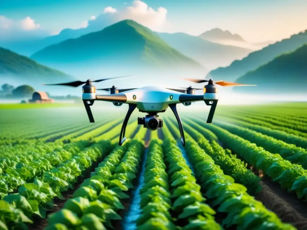 Una granja futurista con Agricultura de precisión recursos sostenibles: drones, riego automático y análisis de datos