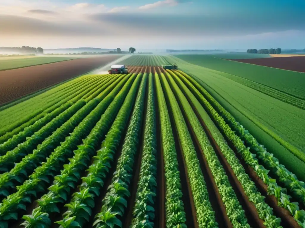 Una granja futurista integrando Big Data en agricultura de precisión, con drones y sensores en un paisaje agrícola de alta tecnología