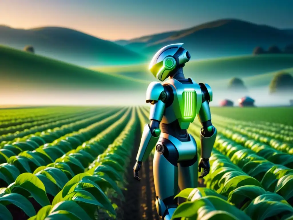 Una granja futurista con brazos robóticos cosechando cultivos bajo la luz de la inteligencia artificial en agricultura de precisión