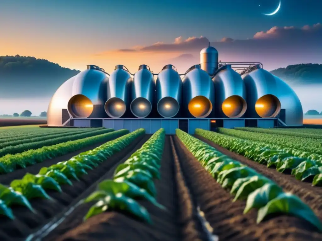 Granja futurista: cultivos genéticamente modificados bajo las estrellas Granja futurista con cultivos CRISPR brillantes en la noche, solución a escasez