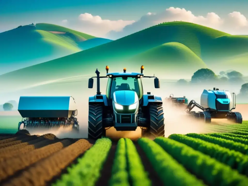 Granja del futuro: tecnología y naturaleza en armonía Una granja futurista muestra la integración de tecnología avanzada con la naturaleza, destacando el Machine Learning en agricultura sostenible