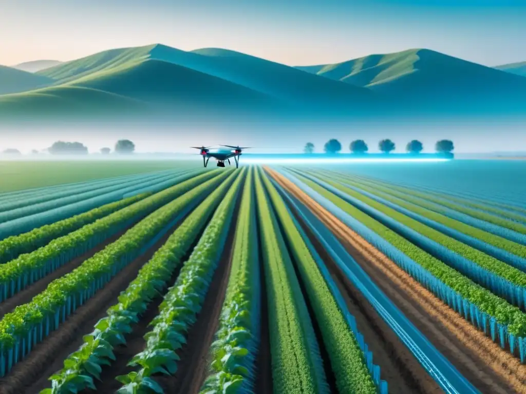 Una granja futurista con tecnología de sensores en cultivos de calidad, iluminada en tonos suaves de azul, verde y blanco