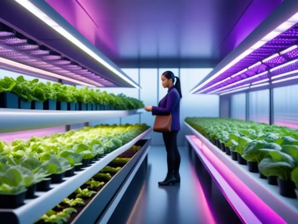 Granja vertical futurista con hortalizas bajo luz morada