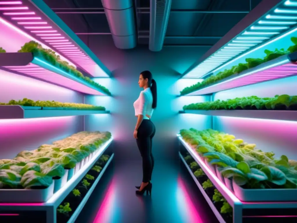 Granja vertical sostenible con cultivos bajo luces LED rosadas: Alimentos del futuro sostenibles