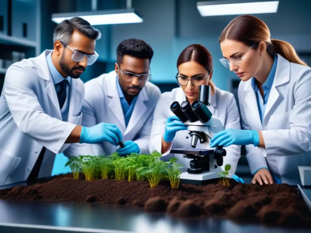 Un grupo de científicos diversos, colaborando en avances bioremediación comunidad científica, analizan muestras de suelo en un laboratorio