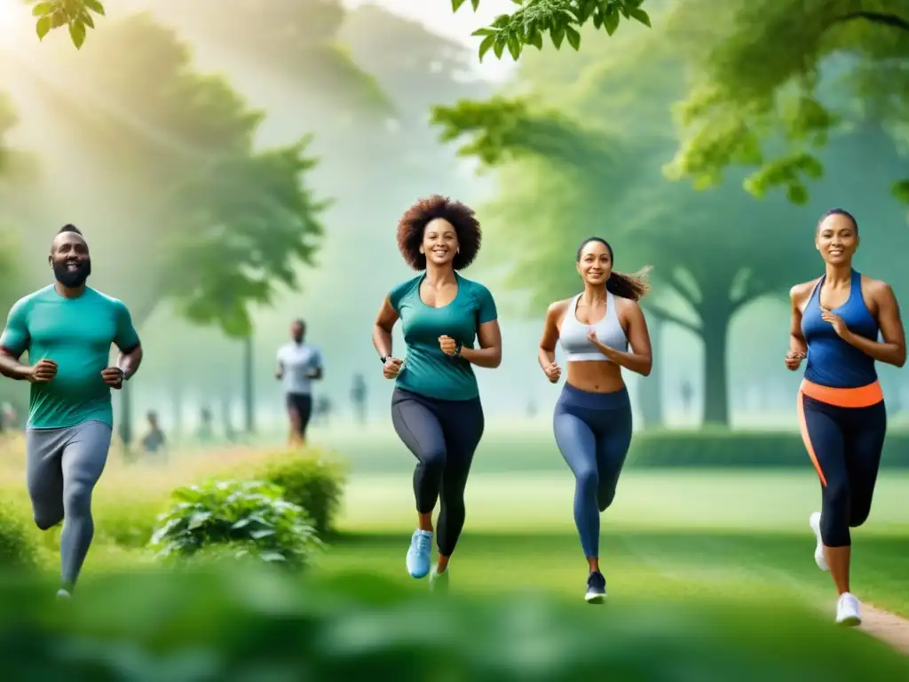 Un grupo diverso disfruta de actividades al aire libre, como trotar, andar en bicicleta y hacer yoga en un parque verde, transmitiendo unidad y vitalidad