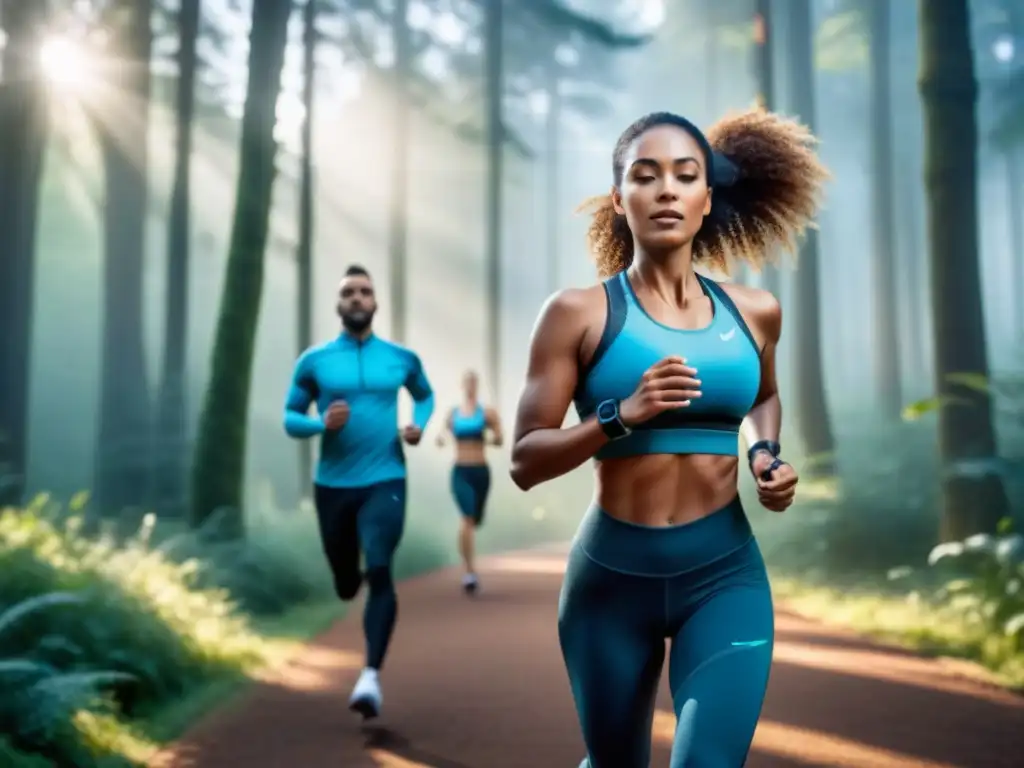 Grupo diverso en actividades físicas con tecnología wearable en entorno natural
