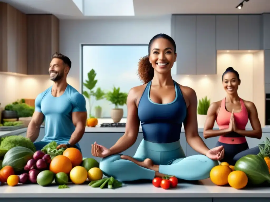 Un grupo diverso disfruta de actividades saludables en una cocina moderna