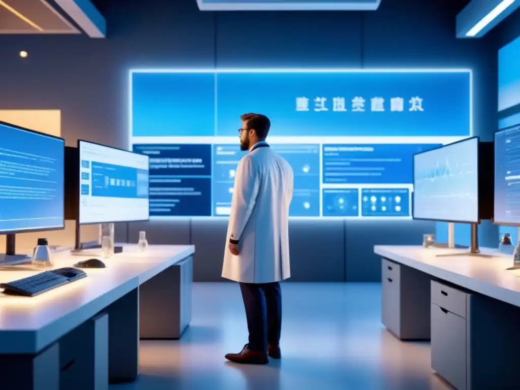 Innovación colaborativa: científicos en laboratorio futurista Un grupo diverso de científicos colabora en un laboratorio moderno, discutiendo ideas innovadoras