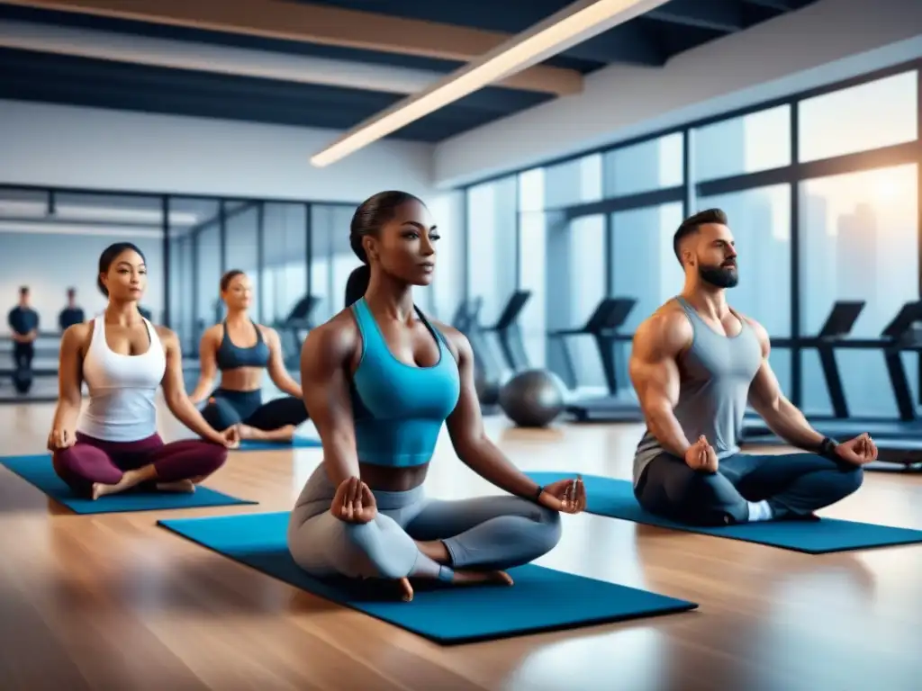 Grupo diverso de empleados en un gimnasio de oficina moderno participando en actividades físicas juntos