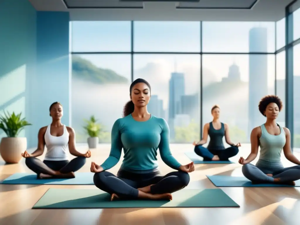 Grupo diverso de empleados en oficina practicando yoga juntos