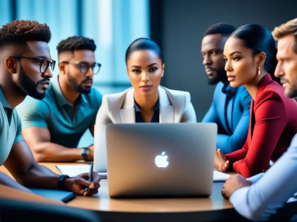 Un grupo diverso de empleados en sesión de formación, rodeados de laptops y materiales de aprendizaje