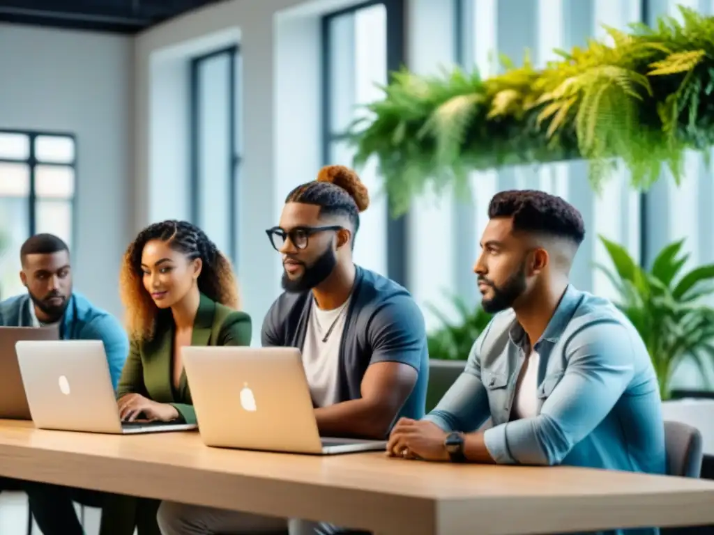 Un grupo diverso de emprendedores jóvenes colabora en laptops en un espacio de coworking moderno con vegetación y luz natural, simbolizando innovación y diversidad en el mundo de las startups tecnológicas