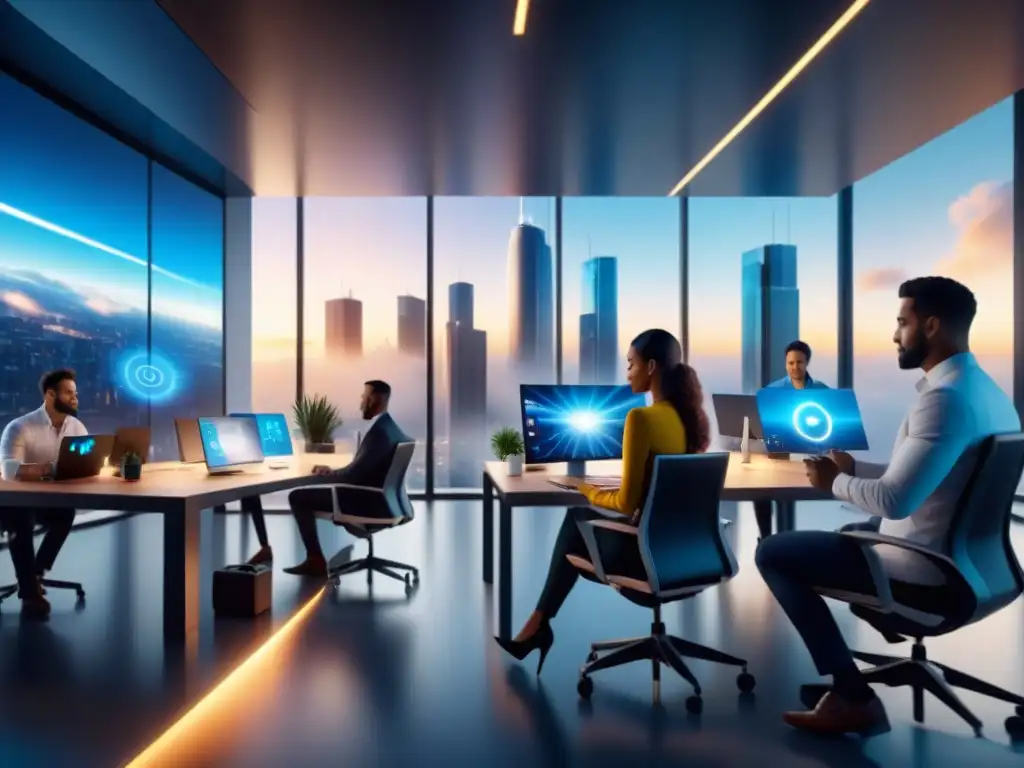 Un grupo diverso de emprendedores colabora en una oficina futurista con tecnología 5G, rodeados de innovación y oportunidades emprendedoras