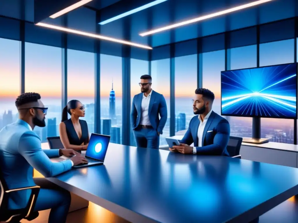 Un grupo diverso de emprendedores colabora en proyectos tecnológicos innovadores en una oficina futurista con tecnología 5G
