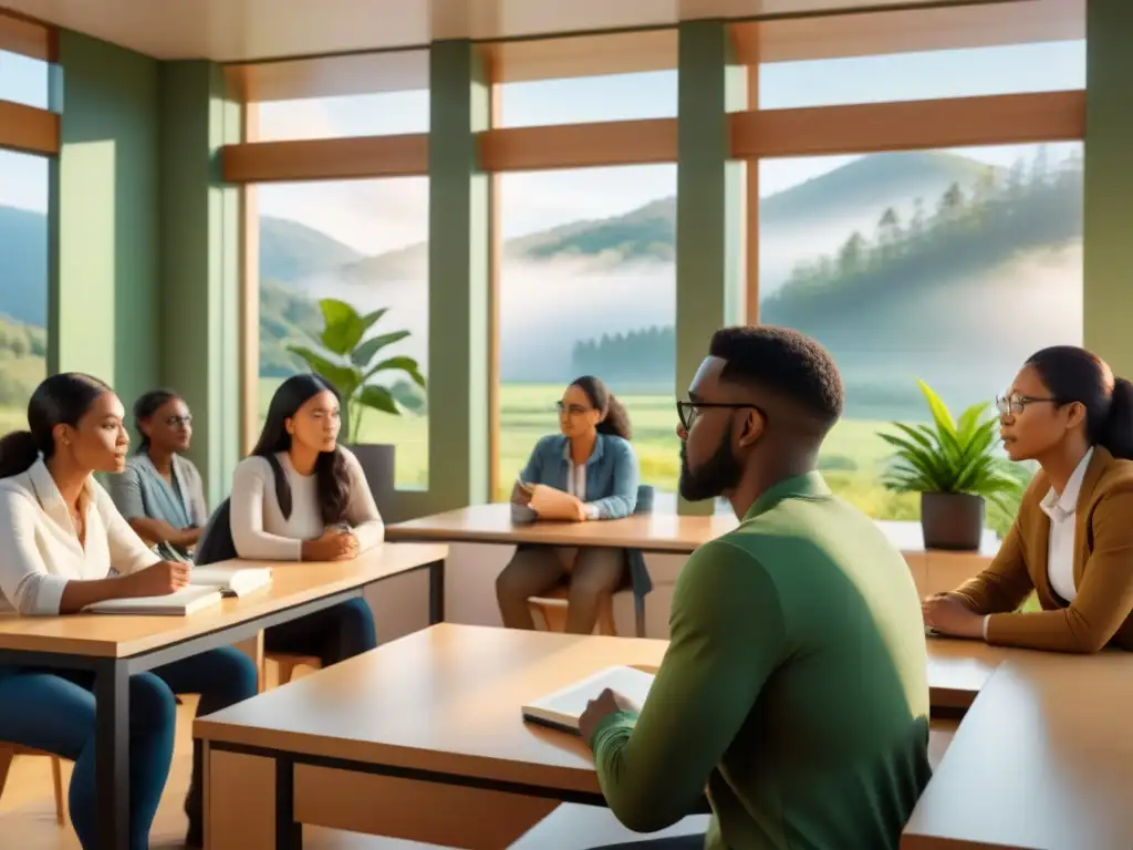 Grupo diverso de estudiantes atentos aprendiendo sobre energías renovables en aula iluminada