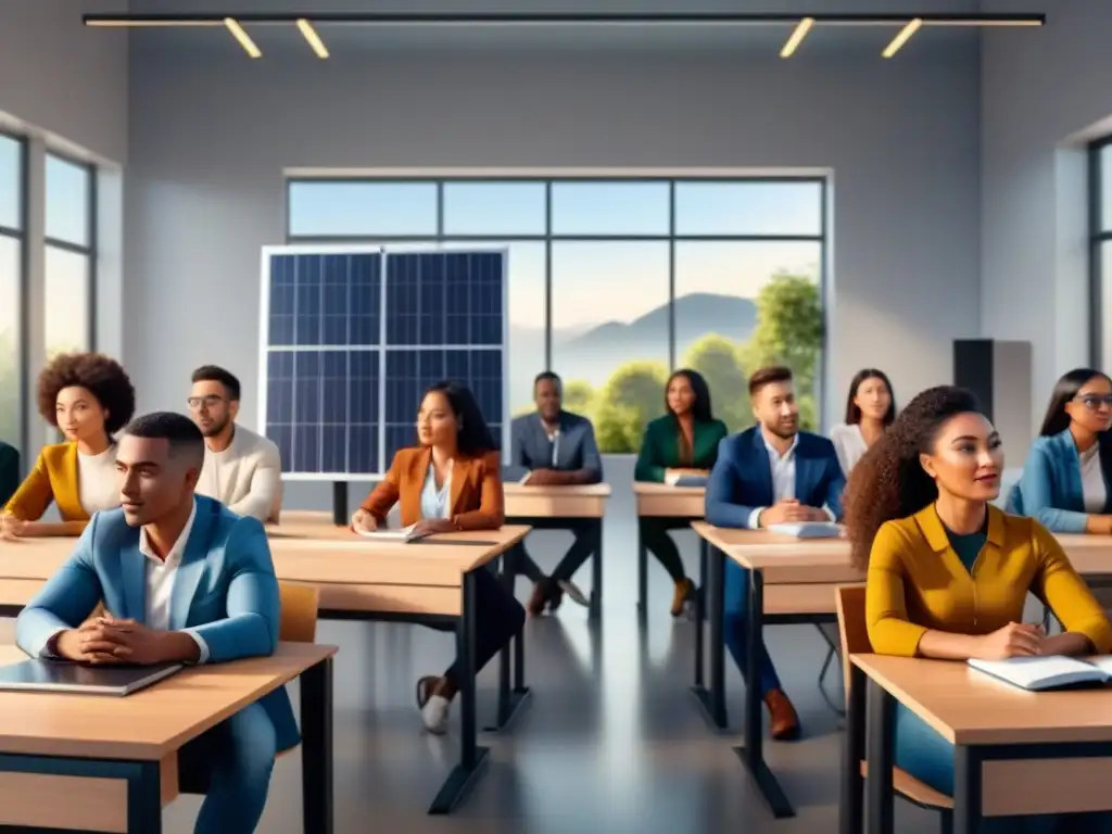 Estudiantes diversos aprenden sobre energías renovables Un grupo diverso de estudiantes aprende sobre energías renovables en un aula moderna