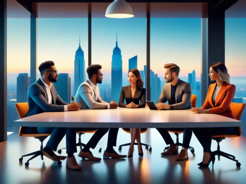 Un grupo diverso de fundadores de startups colaborando en una mesa moderna, simbolizando innovación y creatividad en un entorno urbano de tecnología