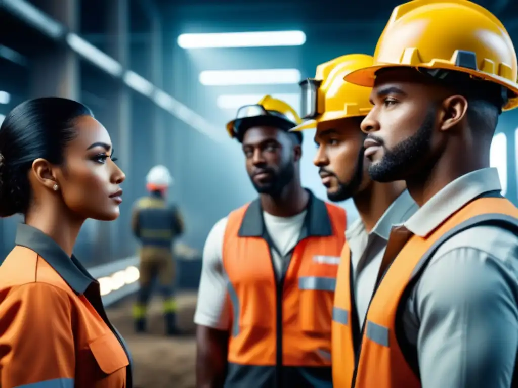 Un grupo diverso de jóvenes adultos en equipo, innovando en minería sostenible en moderna instalación