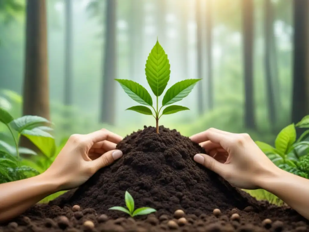 Un grupo diverso de manos planta árboles jóvenes en un bosque verde, simbolizando prácticas sostenibles en plataformas de comercio electrónico