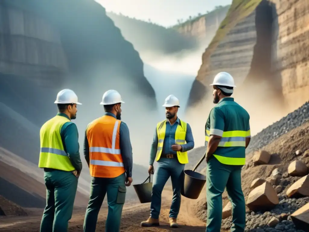 Un grupo diverso de mineros trabajando juntos en una mina sostenible, destacando prácticas responsables