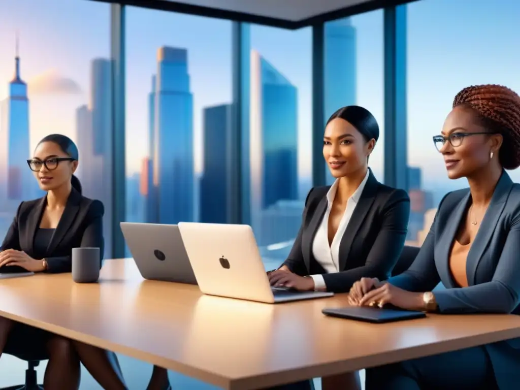 Un grupo diverso de mujeres liderando startups tecnológicas en una sala minimalista con vista a la ciudad