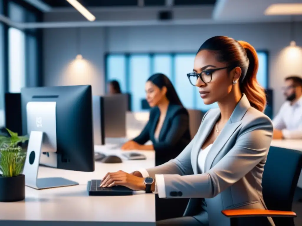 Un grupo diverso de mujeres en tecnología, capital riesgo, concentradas en el trabajo en una oficina moderna y vanguardista