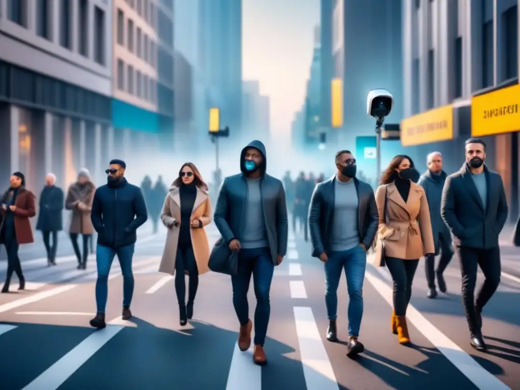 Un grupo diverso de personas camina por la ciudad vigilada por cámaras, representando el debate sobre el reconocimiento facial en espacios públicos