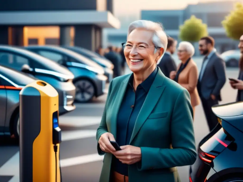 Un grupo diverso de personas sonriendo y conversando alrededor de una estación de carga para vehículos eléctricos en un entorno urbano moderno