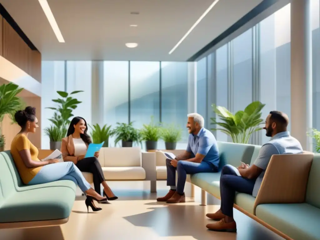 Un grupo diverso de personas sonríe y conversa en una sala de espera hospitalaria moderna, iluminada por luz natural