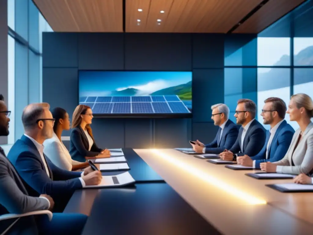 Un grupo diverso de profesionales en una capacitación de energías renovables en una sala moderna lleno de tecnología avanzada