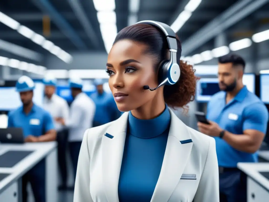 Un grupo diverso de profesionales en un entorno industrial moderno, integrando voz humana en procesos automatizados