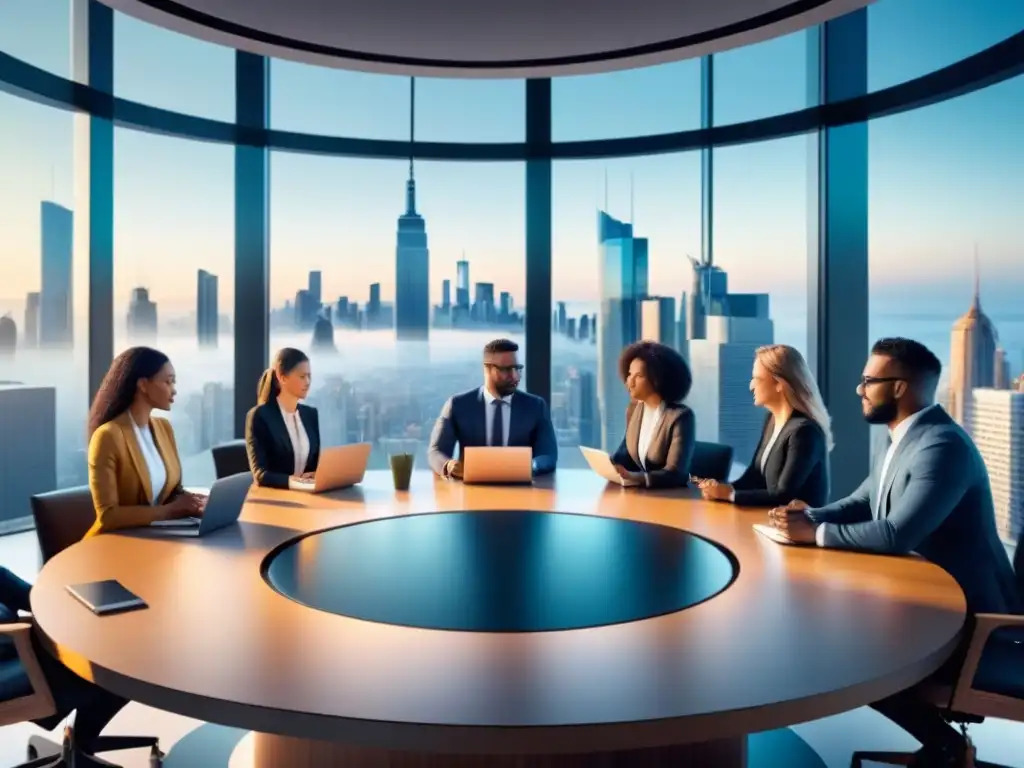 Un grupo diverso de profesionales colaborando en una mesa redonda, con dispositivos digitales y cuadernos, en un entorno empresarial sostenible