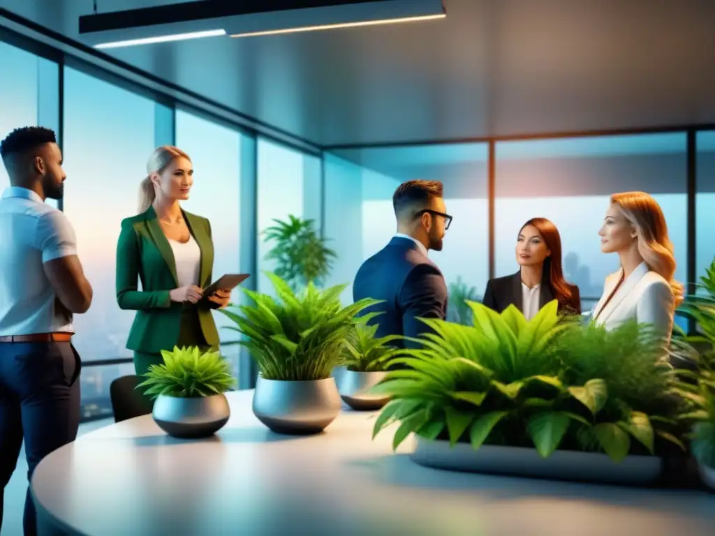Innovación empresarial: brainstorming creativo en oficina moderna Un grupo diverso de profesionales colabora en una oficina moderna, simbolizando un modelo de negocio innovador