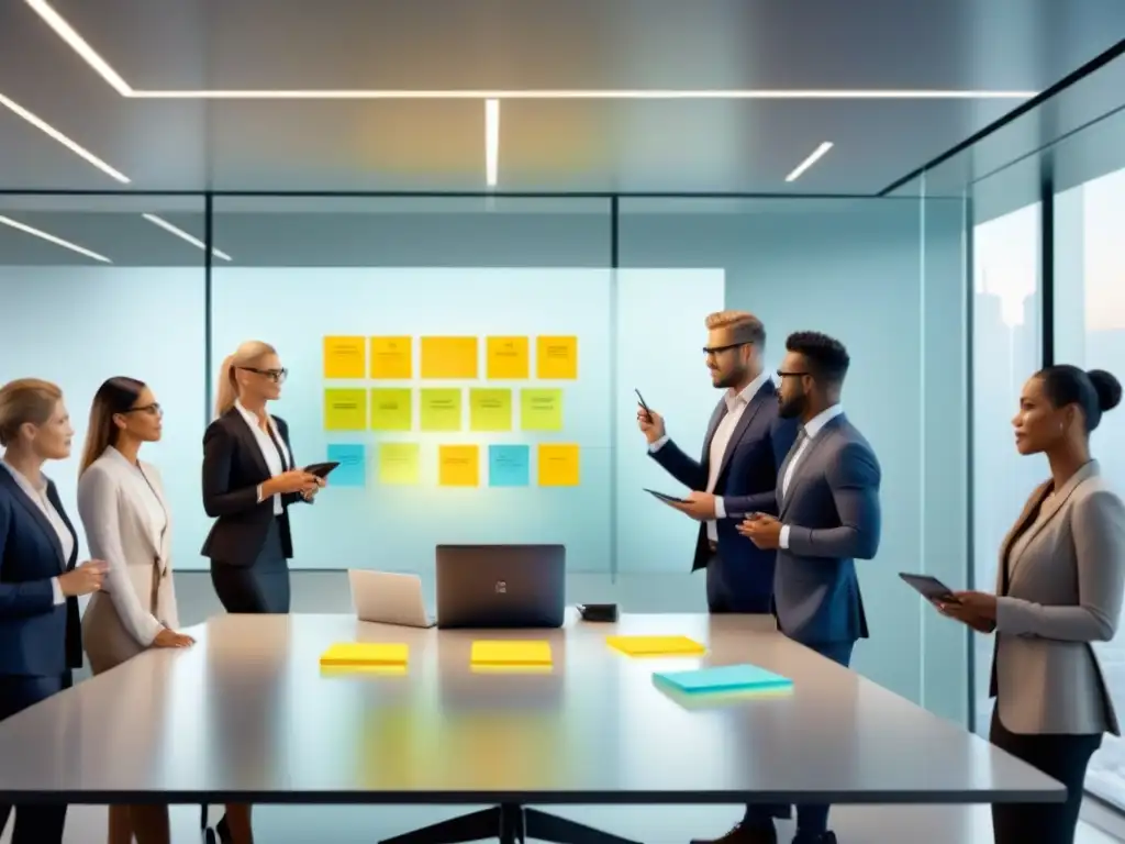 Brainstorming innovador en oficina moderna Un grupo diverso de profesionales en una oficina moderna, colaborando en una sesión de lluvia de ideas con dispositivos digitales y notas adhesivas en un tablero de vidrio, simbolizando la innovación y la integración en la cultura corporativa