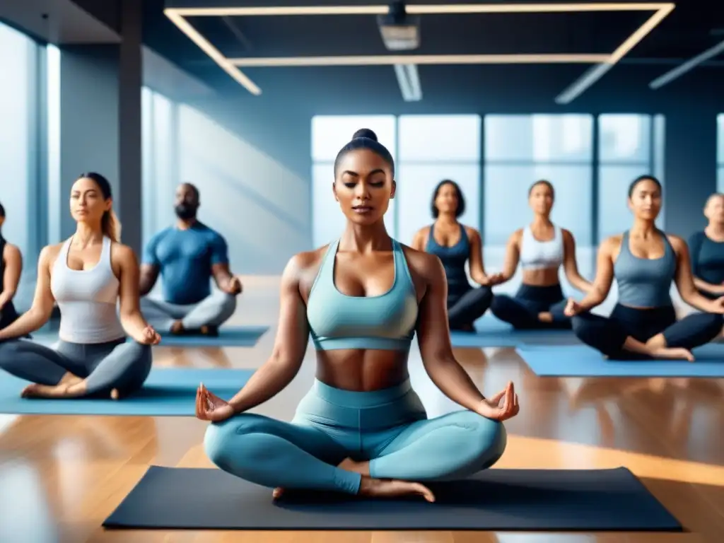 Profesionales diversos en programa de bienestar corporativo Un grupo diverso de profesionales participando en un programa de bienestar corporativo, practicando yoga y mindfulness en una oficina moderna llena de luz natural