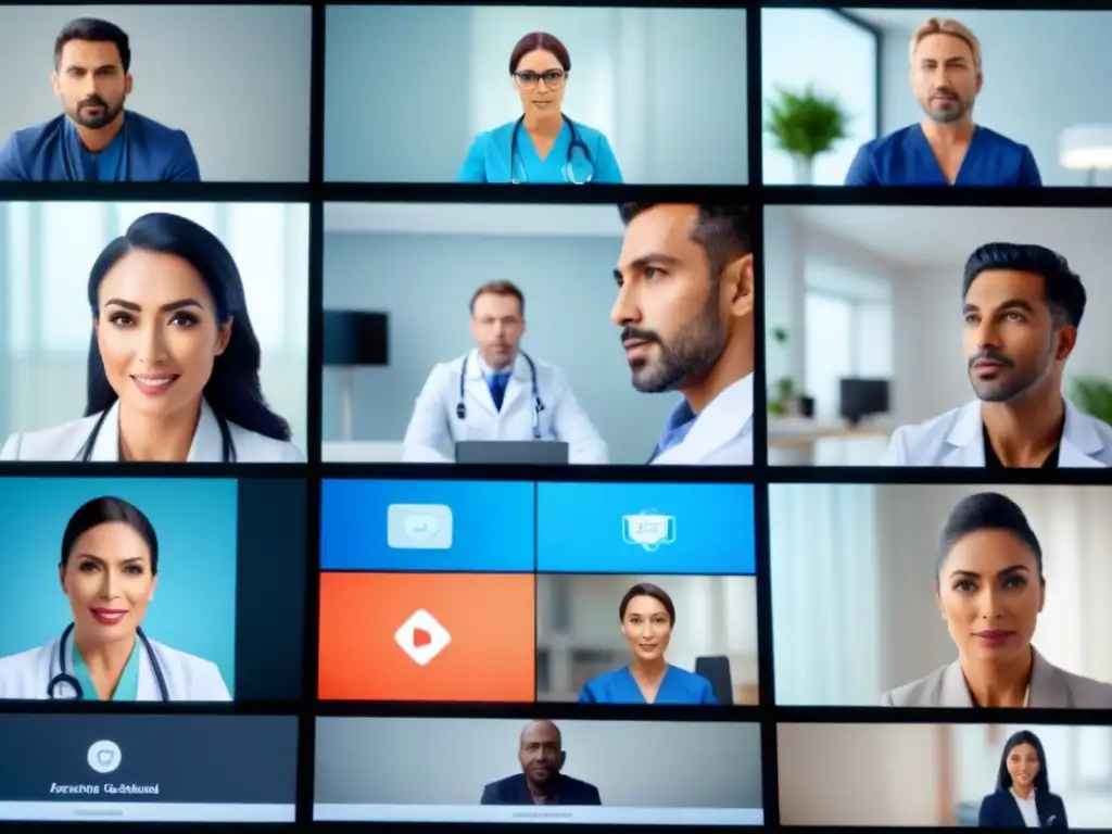 Un grupo diverso de profesionales de la salud en una conferencia de telemedicina, mostrando avances en biometría