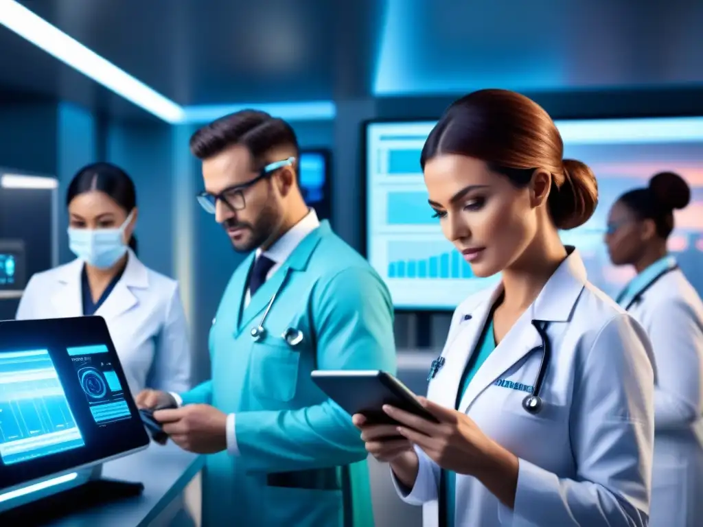 Profesionales de la salud en acción: tecnología médica futurista Un grupo diverso de profesionales de la salud utiliza dispositivos portátiles de diagnóstico en un entorno médico futurista, enfocados y concentrados