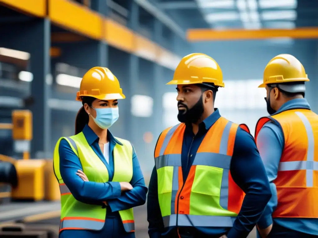 Un grupo diverso de trabajadores industriales protegidos con cascos y chalecos, trabajando en equipo para protegerse