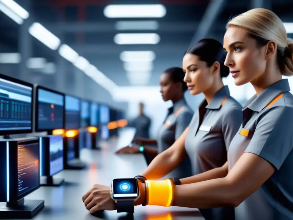 Un grupo diverso de trabajadores industriales con wearables futuristas para ergonomía laboral en una fábrica moderna