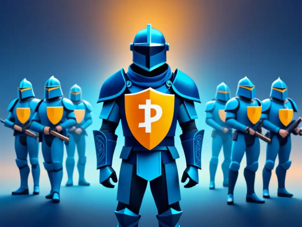 Guardianes de blockchain protegiendo activos digitales en una fortaleza segura