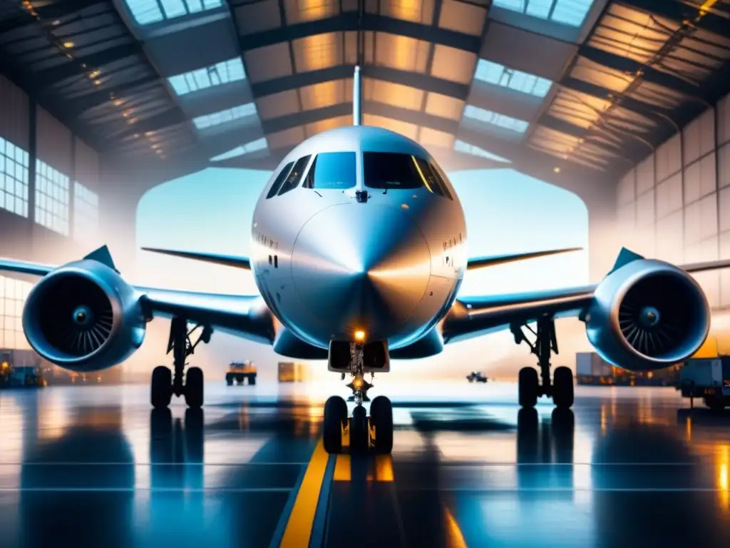 Un hangar futurista con robots realizando mantenimiento aeronáutico de alta tecnología