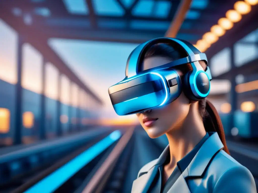 Un headset AR/VR futurista brilla sobre activos industriales optimizados