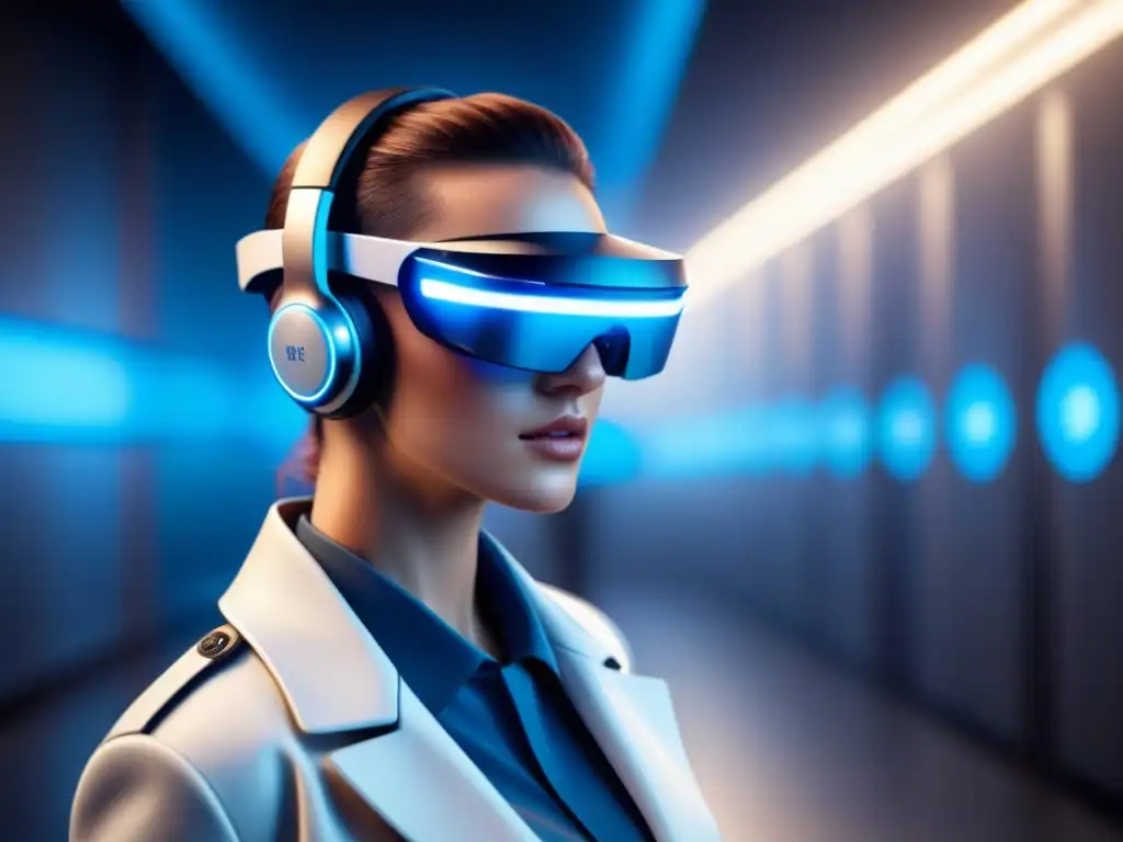 Un headset futurista de AR con iluminación azul sobre superficie blanca